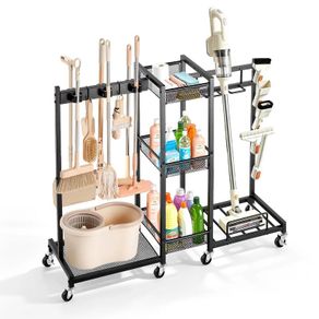 Heavy-Duty Metal Broom Holder & Cleaning Organizer with Wheels, Mop Hanger and Storage Rack, Black Steel Utility Cart
