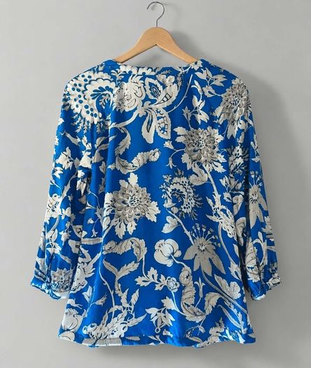 Warehouse Royal Blue Floral Zip Neck Viscose Blouse Uk 12