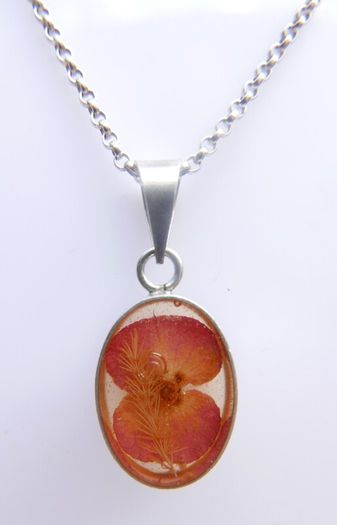 Sterling Silver 925 Chain Necklace With Resin Silver Mounted Flower Pendant Hallmark Length 16,5" - 5,94g