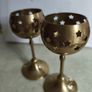 Vintage Pair of Brass Heart Candle Holders, Bronze goblet candle holder adorned with star-shaped cutouts, Image 2