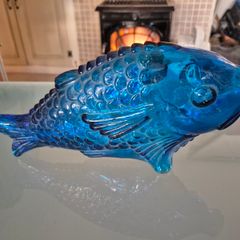 Cobalt Blue Glass Fish 1960s Vintage Art Class Wine Bottle