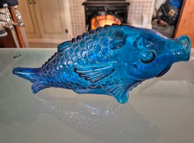 Cobalt Blue Glass Fish 1960s Vintage Art Class Wine Bottle