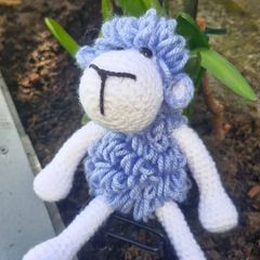 Handmade Crochet Lamb Plushie - Blue & White, 26cm