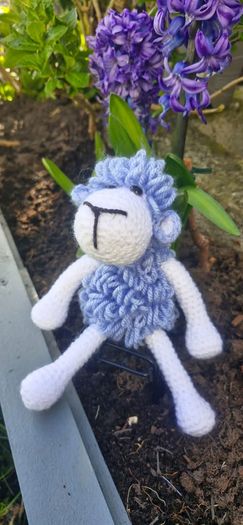 Handmade Crochet Lamb Plushie - Blue & White, 26cm