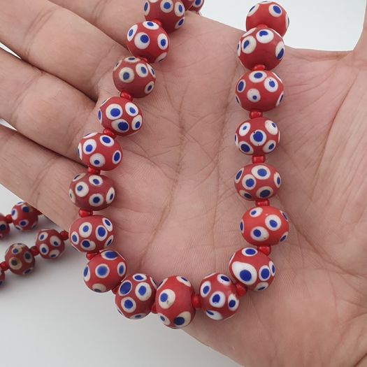 Antique Venetian Style Blue Eyes Red Glass & venetian WhiteHeart Glass Beads Necklace