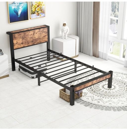 Single Bed Frame with Wood Storage Headboard, 90 x190 cm, Brown 3ft Metal Bed Frame Single for Adults Kids, Mattress Base, Underbed Storage, No Box Spring Needed