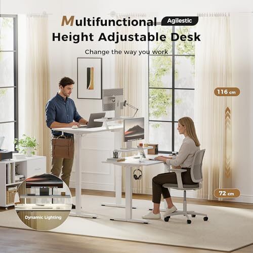 Electric Standing Desk with Movable Monitor Stand, Height Adjustable Desk with 2 Memory Buttons, 100 x 60 cm with LED Strip Light and USB-C Port, for Home Office, White