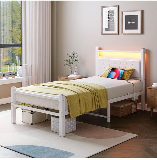 3FT Single Bed Frame with Storage Headboard, White Metal Platform Upholstered Bed frame USB Charging Station,Heavy Duty Metal Bed with LED Lights,Easy Assembly