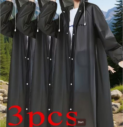 3pcs Black High Quality EVA Thickened Full Body Raincoats - Hooded Long Sleeve with Adjustable Drawstring Hood & Button Front for Outdoor Cycling, Hiking, Travel - Lightweight Portable Women's Rain Gear, Cycling Rainwear | Minimalistic Design