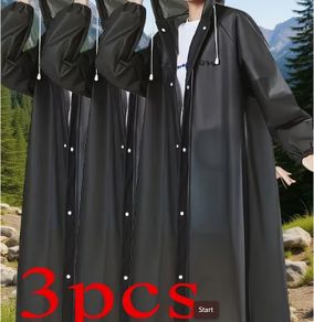 3pcs Black High Quality EVA Thickened Full Body Raincoats - Hooded Long Sleeve with Adjustable Drawstring Hood & Button Front for Outdoor Cycling, Hiking, Travel - Lightweight Portable Women's Rain Gear, Cycling Rainwear | Minimalistic Design