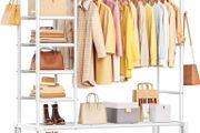 Clothes Rails for Bedroom - Heavy Duty Clothes Rail with Double Hanging Clothing Rail, Shoe Rack, Storage Shelves &amp; 4 Coat Hooks, Clothes Rack for Closet, Laundry, Shop (Modern, White