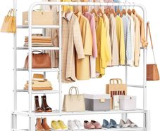 Clothes Rails for Bedroom - Heavy Duty Clothes Rail with Double Hanging Clothing Rail, Shoe Rack, Storage Shelves & 4 Coat Hooks, Clothes Rack for Closet, Laundry, Shop (Modern, White