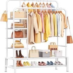 Clothes Rails for Bedroom - Heavy Duty Clothes Rail with Double Hanging Clothing Rail, Shoe Rack, Storage Shelves & 4 Coat Hooks, Clothes Rack for Closet, Laundry, Shop (Modern, White