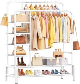 Clothes Rails for Bedroom - Heavy Duty Clothes Rail with Double Hanging Clothing Rail, Shoe Rack, Storage Shelves & 4 Coat Hooks, Clothes Rack for Closet, Laundry, Shop (Modern, White