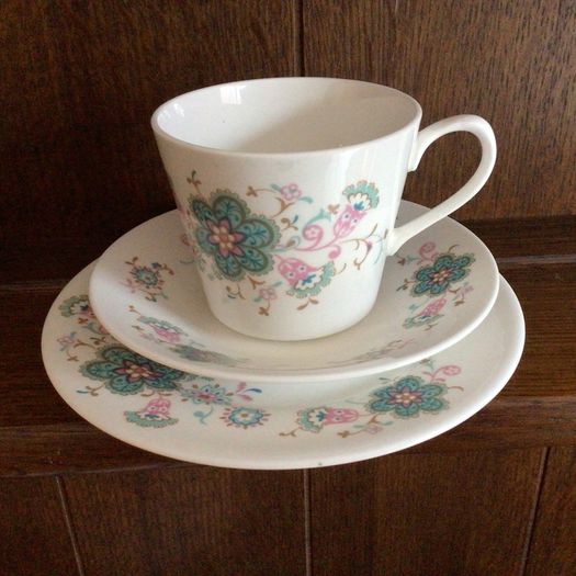 Pretty Queen Anne Blue floral cups saucers and Sides
