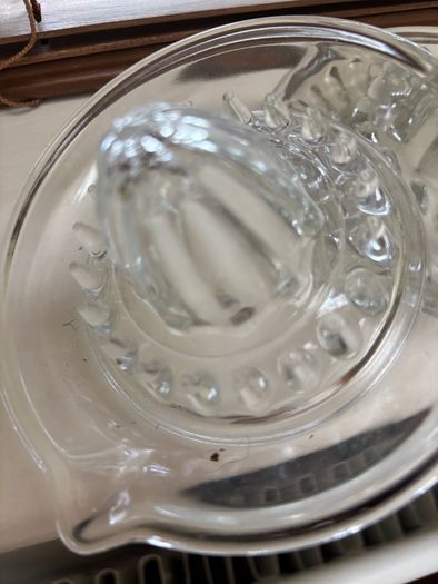 A bundle of vintage - retro pieces, Carnival Glass , Anchor Hocking Fire King, Large Ribbed Glass Butter Dish, Citrus Juicer, Three Footed Glass Sugar Bowl and Jug