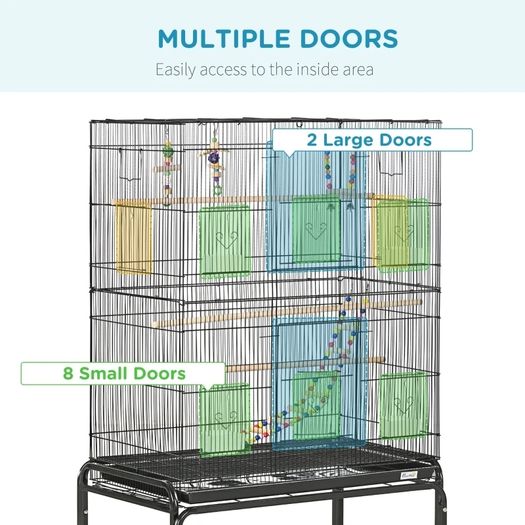 Large Bird Cage Budgie Cage with Stand, Toys, Wheels, Accessories, Storage Shelf for Canaries, Finches, Lovebirds, Parakeets - Black, 79 x 49 x 133 cm
