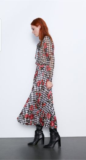 Zara Multicoloured Houndstooth & Floral Print Pleated Flowing Midi Skirt  Xs