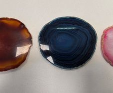 Polished Agate Slice Geode Coasters Set of 3 with Acrylic Display Stands (Blue, Pink, Amber)