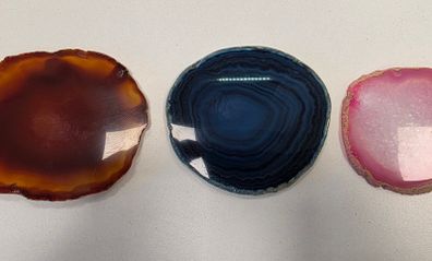 Polished Agate Slice Geode Coasters Set of 3 with Acrylic Display Stands (Blue, Pink, Amber)
