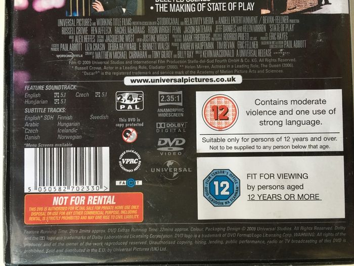 State Of Play [2009] Russell Crowe, Ben Affleck, Rachel McAdams & Helen Mirren [Movie DVD]