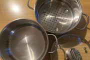 Steamer Cookware Set with Glass Lid Handles Stainless Steel Pan Kitchen Home Cook Chef Healthy Veg Cooking Housewarming induction ceramic gas electric