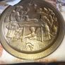 Beautiful Large Old Hanging Hammered Brass Wall Charger Embossed with a 17th Century Tavern Scene, Image 4