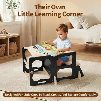 4-in-1 Toddler Standing Tower, Convertible Kids Kitchen Step Stool with Anti-Drop Safety Rail, Multi-Use Learning Helper Tower for Kitchen Counter, with Blackboard (Black & Natural)