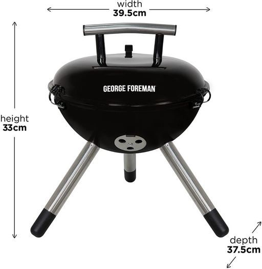 George Foreman 14inch  Compact Portable Round Charcoal BBQ, Adjustable Air Vent, Lightweight & Integrated Handle with Chrome Grill