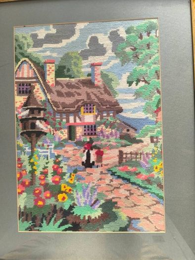 Vintage Hand Stitched Needlepoint Tapestry in Ornate Frame wall art Le Digeonier cottage