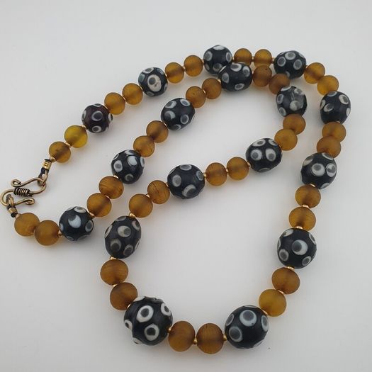 Antique Venetian African Style Eyes & Yellow Brown African Glass Beads Necklaces