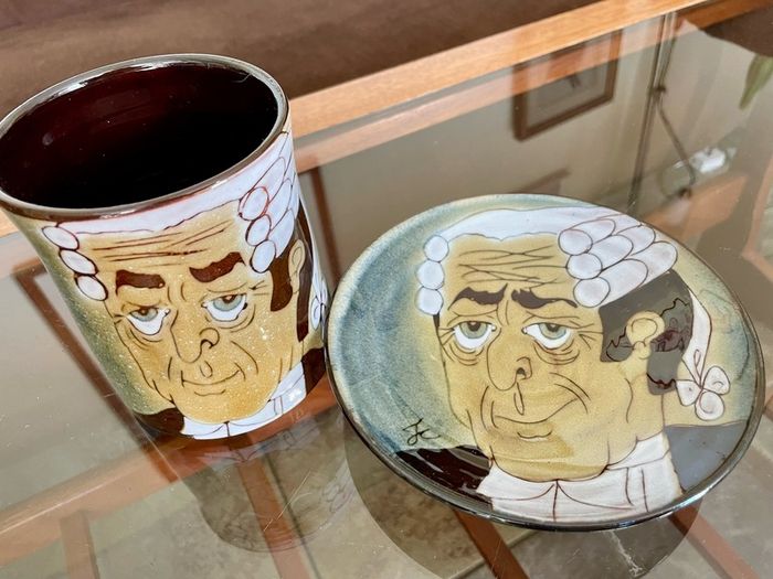 1960s Design English Chelsea Pottery Set Earthenware Glazed Footed Dish and Mug Barrister Judge Collectible