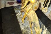Rare Don Quixote and Sancho Panza cast in patinated bronze and mounted onto a veined marble plinth base. Don Quixote is depicted atop his gaunt horse, Rocinante, holding his shield, while his squire Sancho Panza follows
