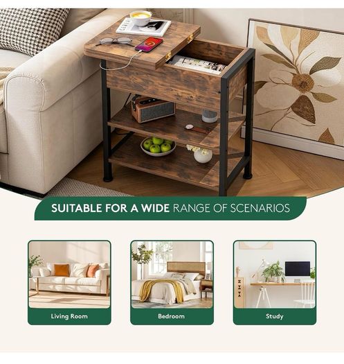 Side Table with Charging Station, Small Flip Top Narrow Sofa End Table with USB Ports, Type C Ports and Outlets, with Storage, 3-Tier, for Living Room, Bedroom, Brown