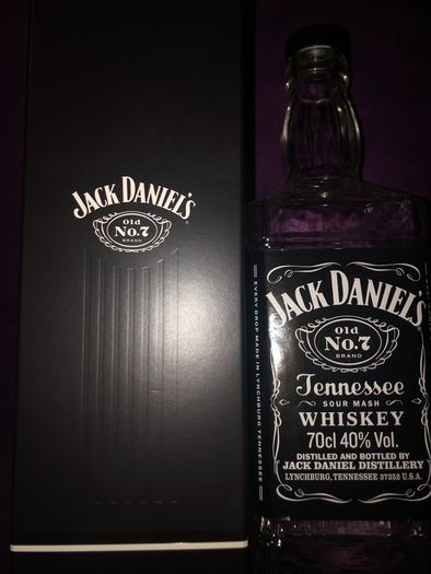 Jack Daniels whiskey empty bottle and box