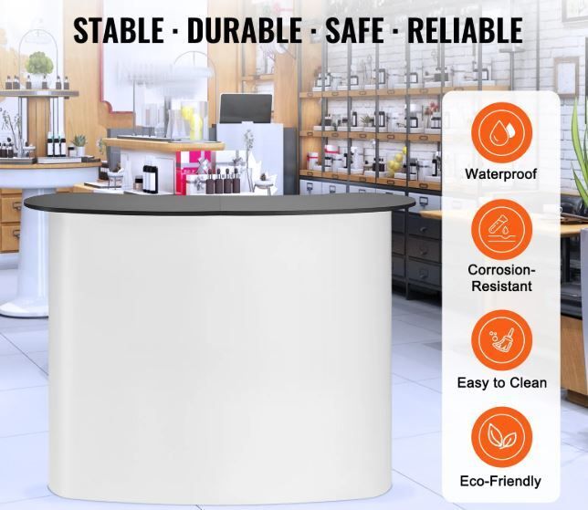 Portable Tradeshow Podium Table, 130 x 46,5 x 95 cm, Display Exhibition Counter Stand Booth Fair with Wall, Foldable Promotion Retail Bar Table Pop Up Podium with Storage Rack, Carrying Bag