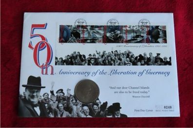 Liberation of Guernsey 50th Anniversary cover - Churchill Crown coin