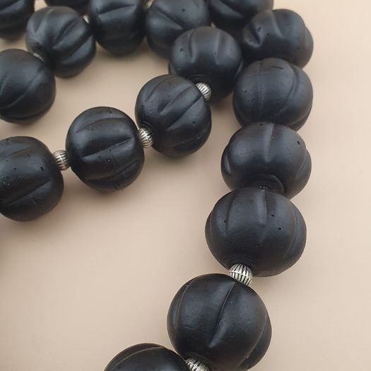 Antique African Style Dark Black Melon Shape Glass Beads Necklace