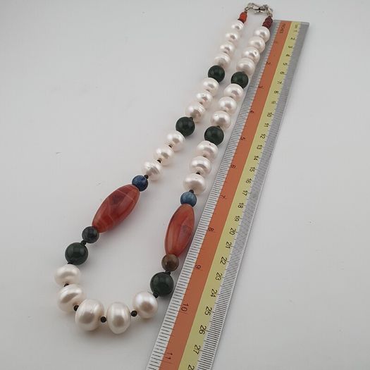 Authentic Freshwater Pearl Necklace with African Carnelian & Jade Beads