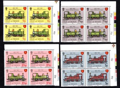 1973 Isle of Man Centenary of Isle of Man Steam Railways Commemorative Stamp Control Blocks of 4 (top right hand corner) Mint Never Hinged (MNH)