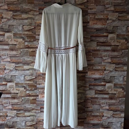 White crochet and pleated beach cover-up dress with a brown belt. Size 10