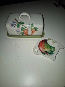 Rare Arthur Wood "Fruit Grove" fine stoneware covered butter dish with a matching apple-shaped accessory dish