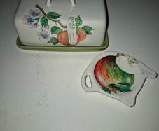 Rare Arthur Wood "Fruit Grove" fine stoneware covered butter dish with a matching apple-shaped accessory dish