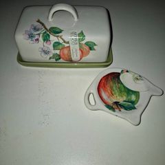 Rare Arthur Wood "Fruit Grove" fine stoneware covered butter dish with a matching apple-shaped accessory dish