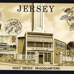 1979 Jersey Postcard of Post Office Headquarters Jersey, with definitive stamp tied by cancel Celebrating UPU Day 6th October 1979