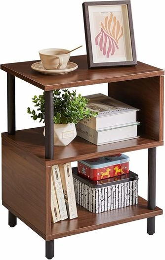 3 Tier Side End Table, Wooden Bedside Table, Modern Sofa Side End Table for Living Room/Bedroom/Small Space, Brown+Black Legs,
