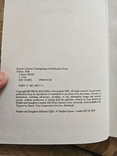 Citizen Burke. By Elis Dillon. First Edition Hardback With Dustjacket In Good Condition.  See Photos For Same.