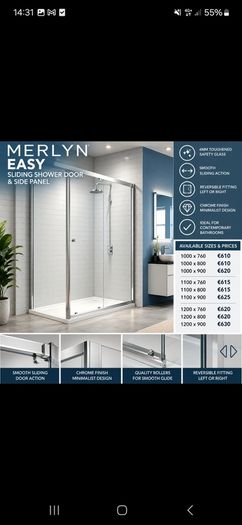 Merlyn sliding shower door and side panel all sizes see below