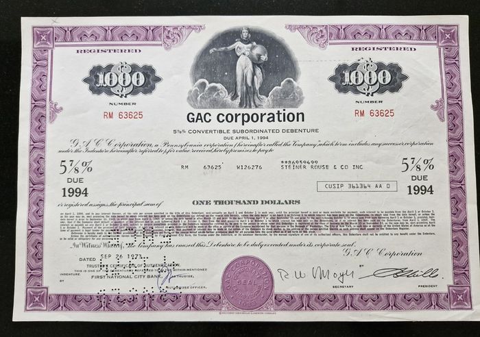 1973 GAC Corporation Pennsylvania 1000 Dollar Stock Certificate