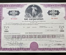 1973 GAC Corporation Pennsylvania 1000 Dollar Stock Certificate